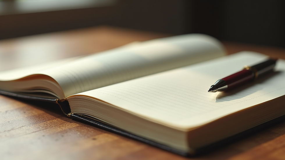 Close-up view of a journal and pen on a wooden desk