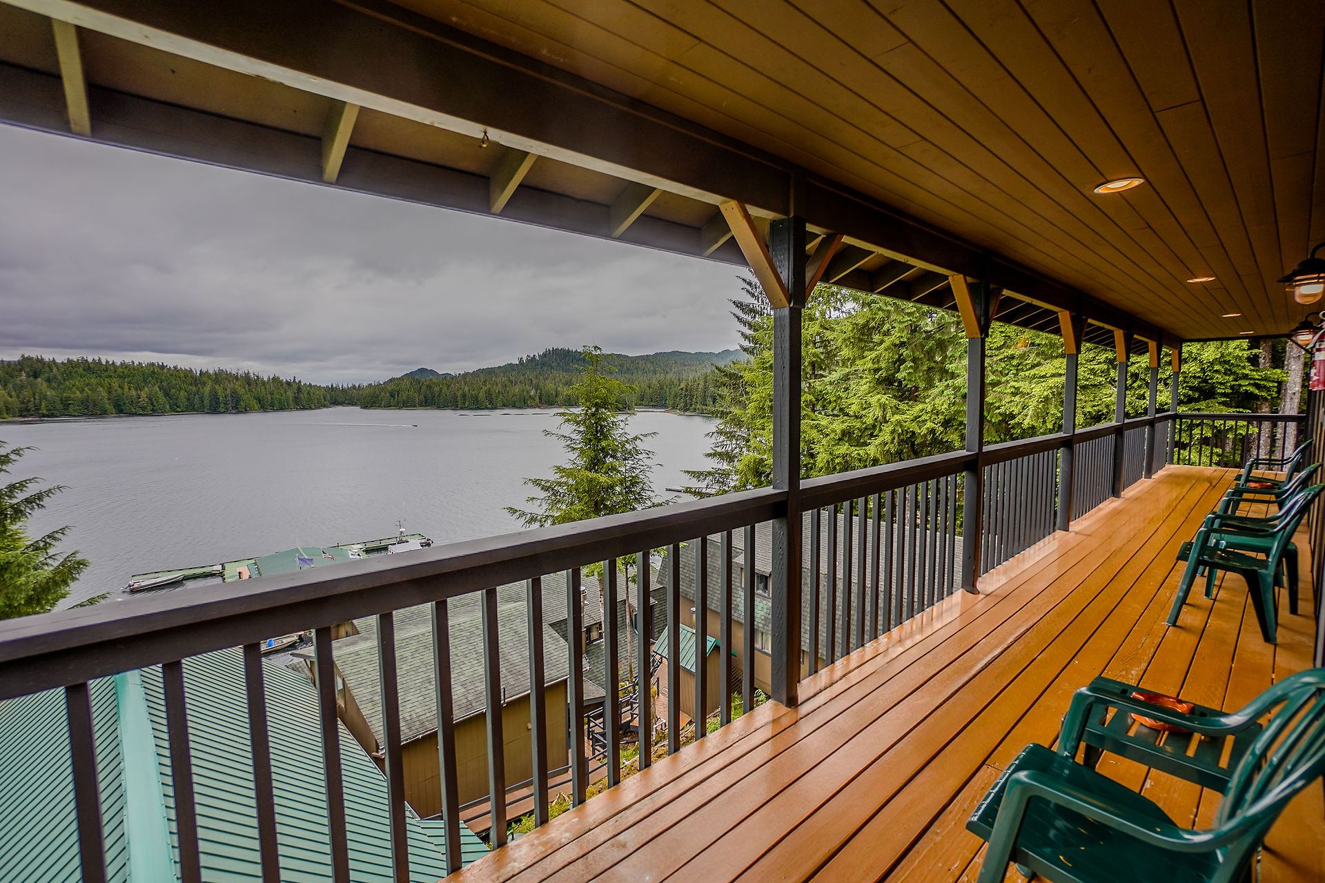 an image taken from the deck of the lodge looking out over the water