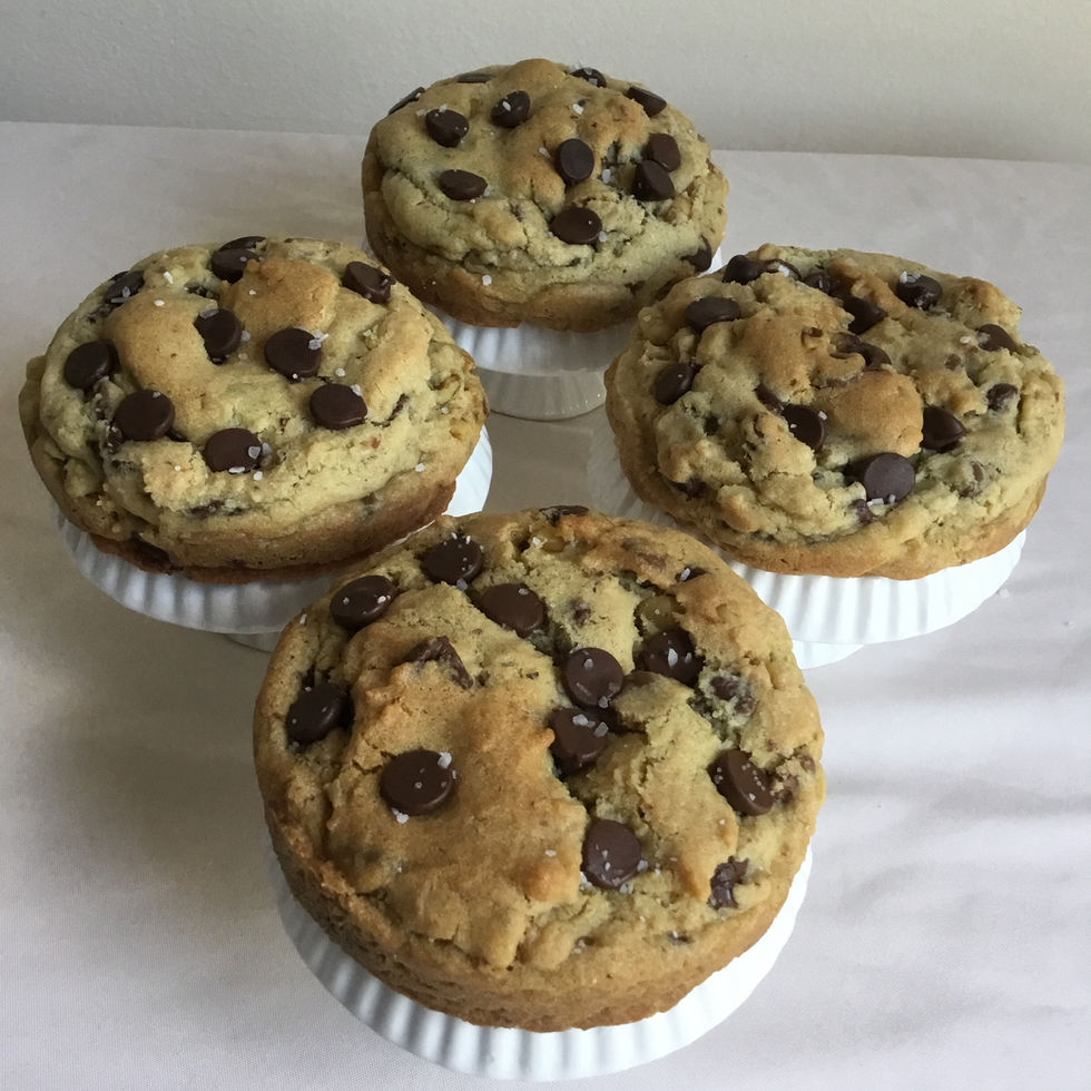 Thick chocolate chip and walnut cookies sprinkled with coarse salt