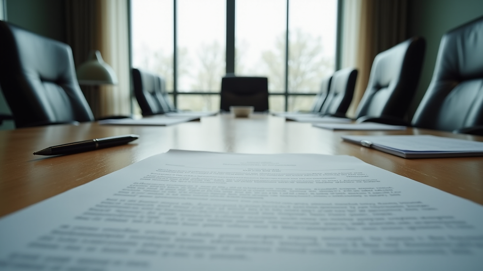 Eye-level view of a corporate meeting room with legal documents on the table