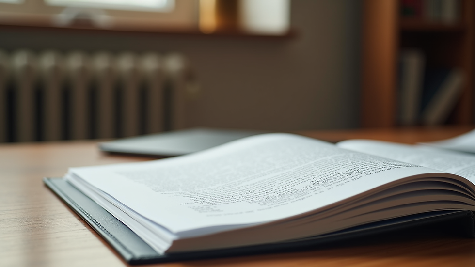 Close-up view of legal books and documents on a wooden desk