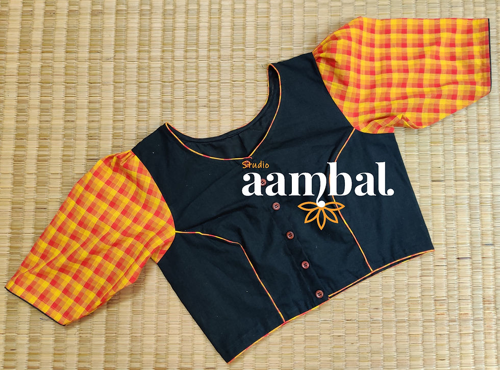 Thumbnail: Black with Yellow Red Checks Puff Sleeve Blouse