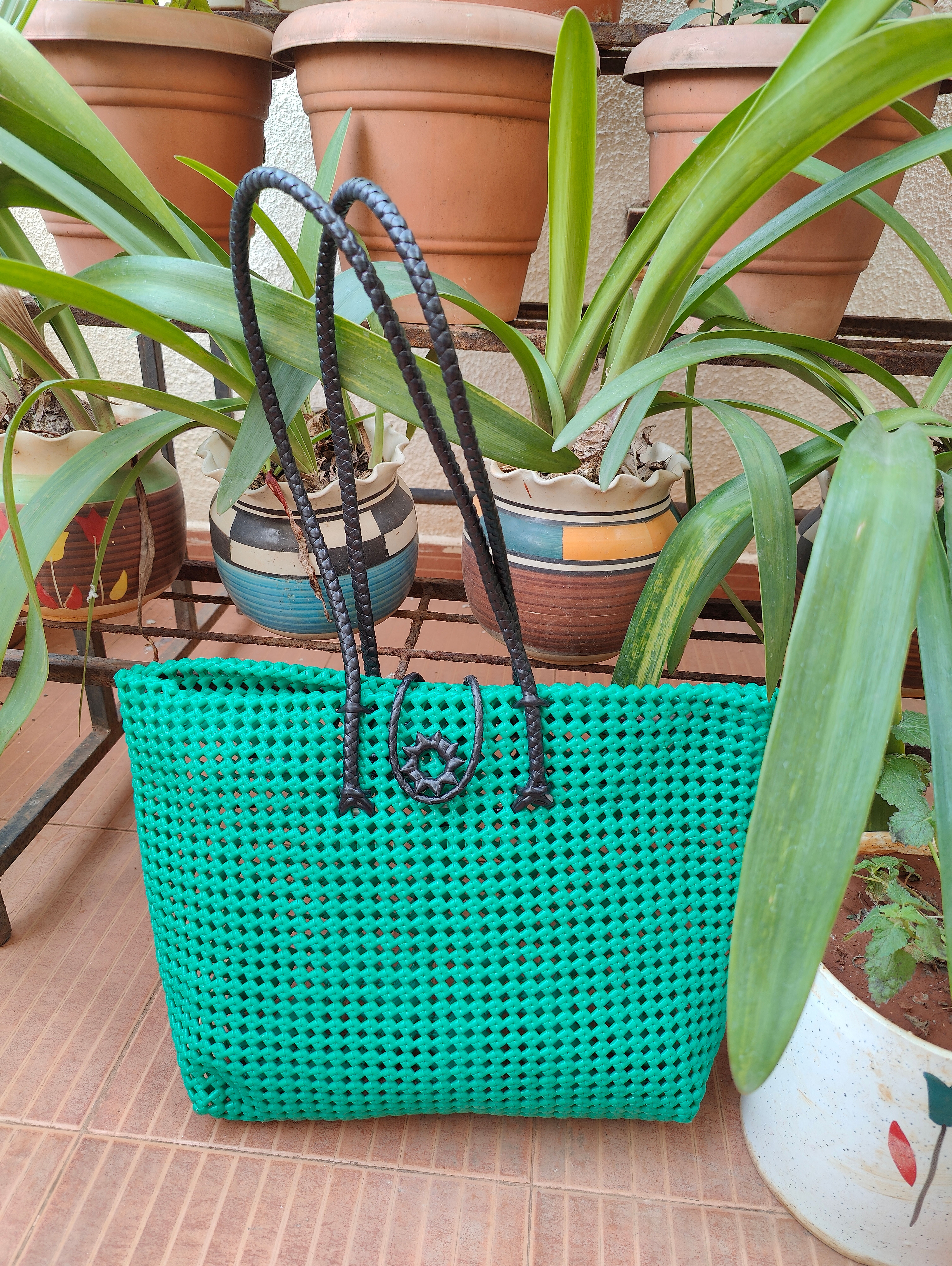 Sea Green with Black Handle Wire Tote Bag