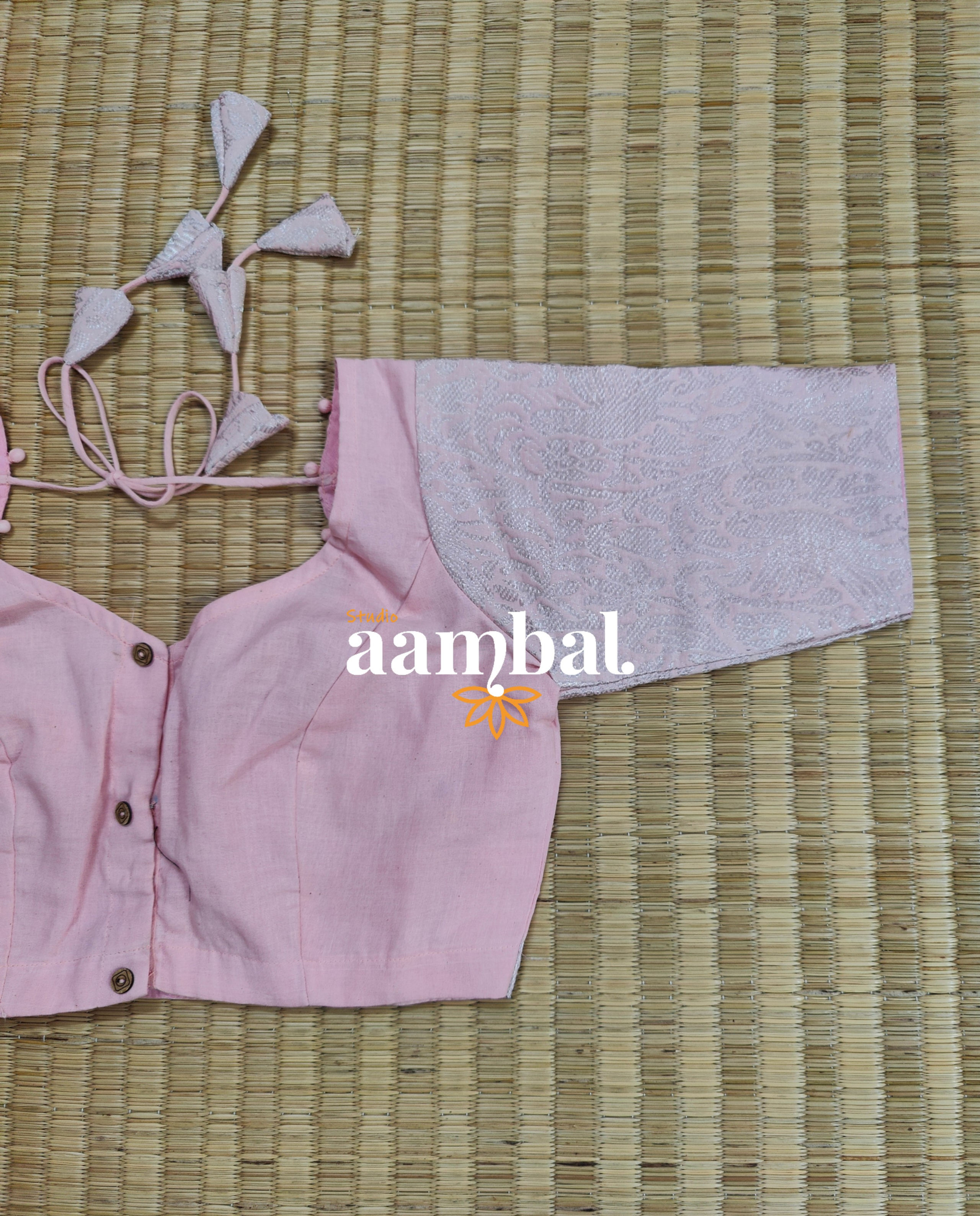 Light Peach Silver Zari Elbow Sleeve Blouse