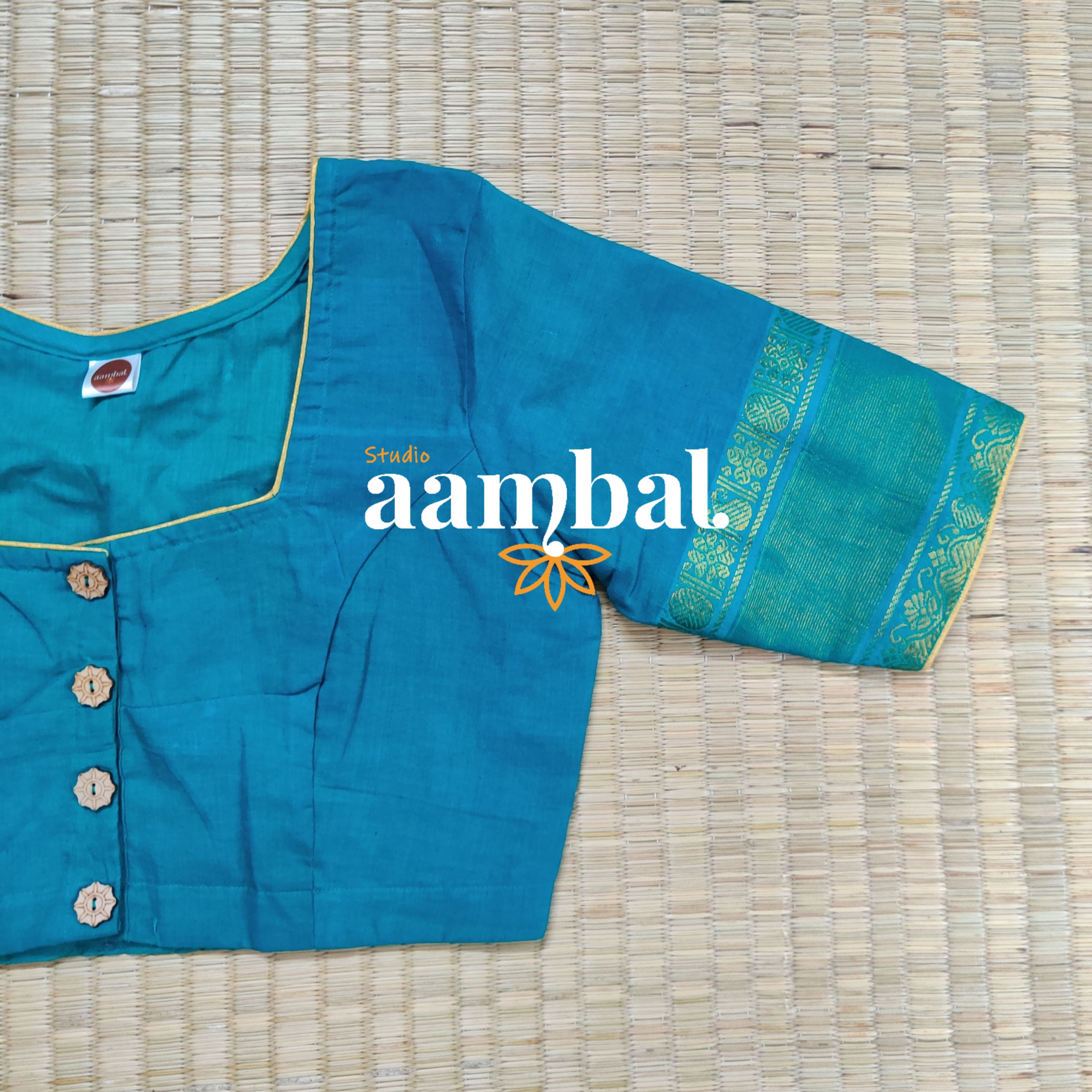 Sea Green Plain Blouse with Gold Border