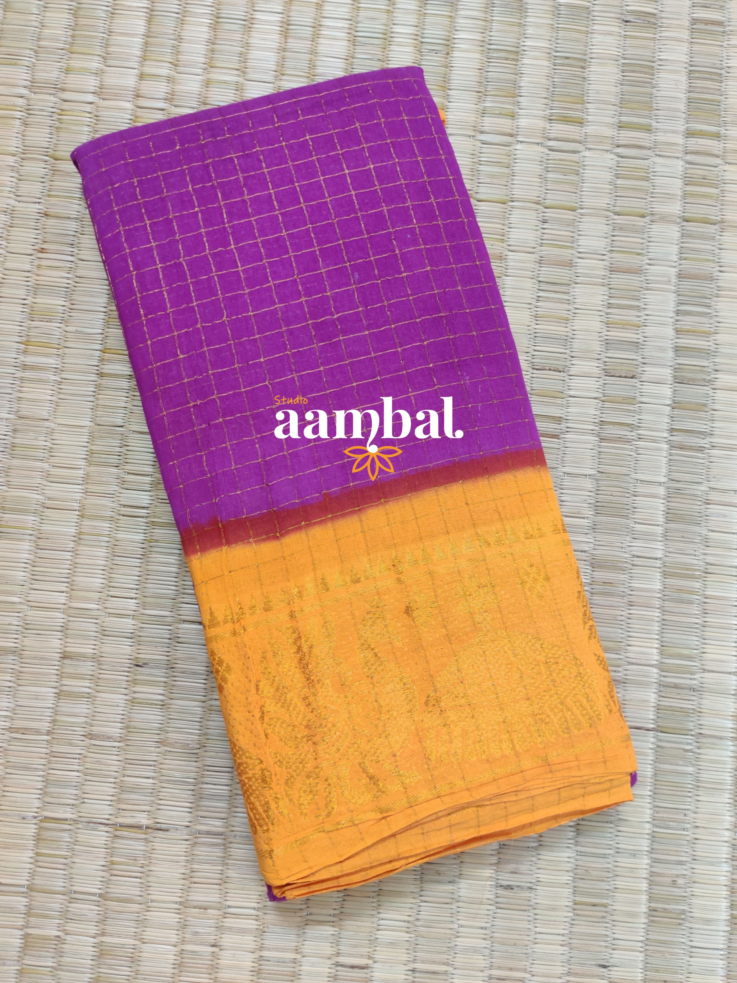 Dual Colour Gold Zari Checks - Magenta Yellow Sungudi