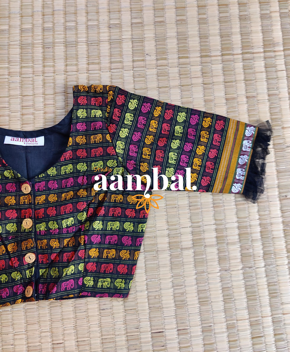 Black/Yellow Khun Blouse with Multi Coloured Elephant Peacock Motif