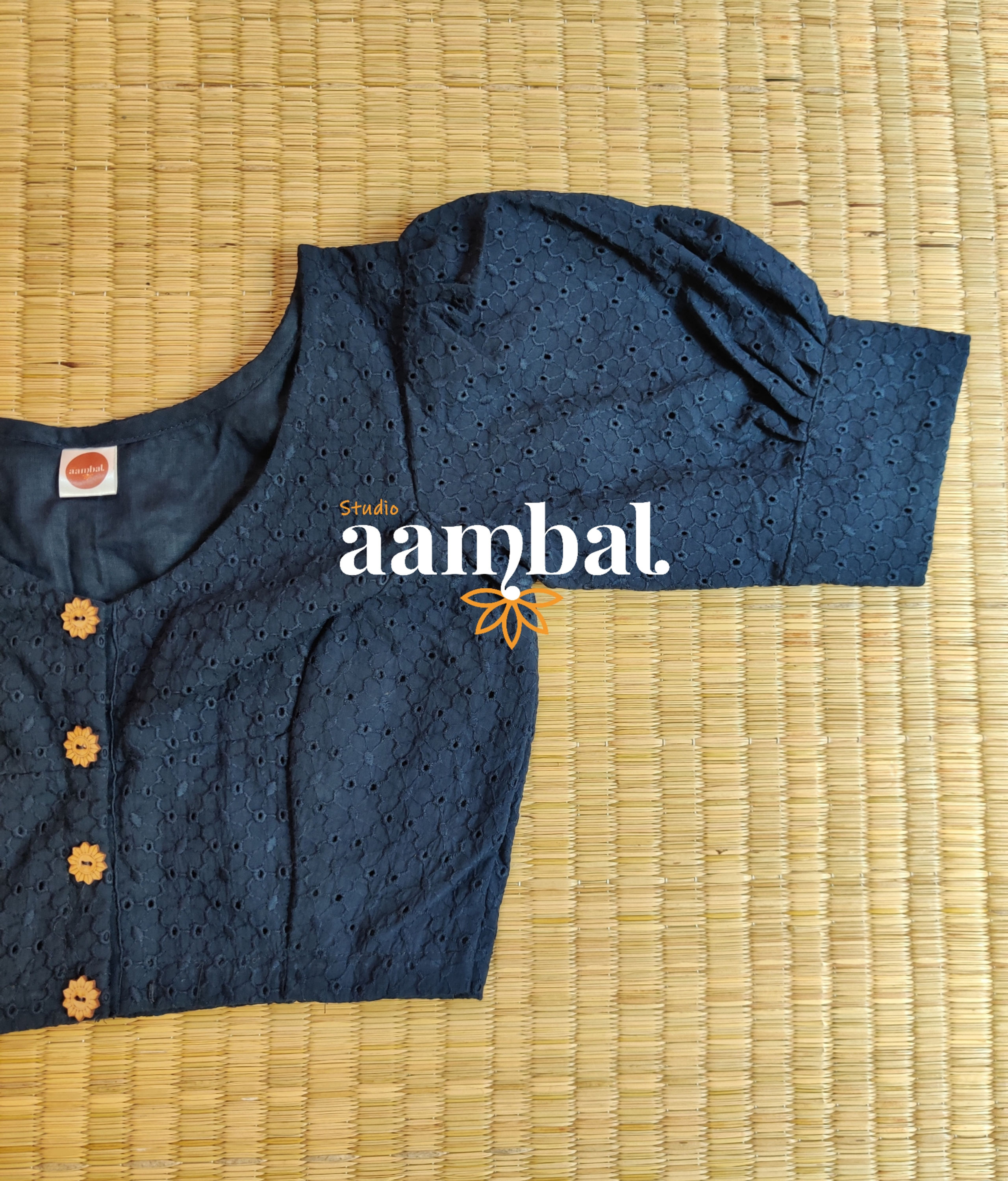 Navy Blue Floral Hakoba Cotton Puff Sleeve Blouse