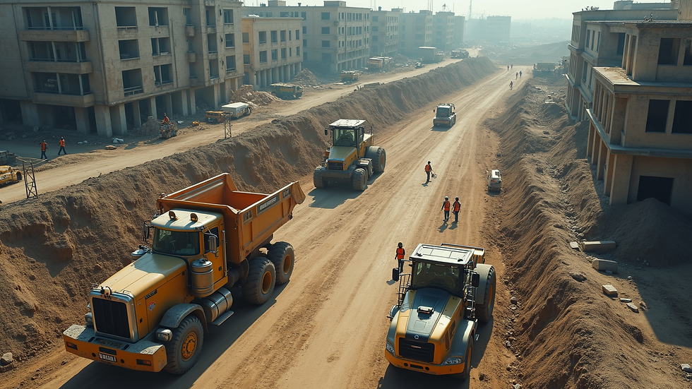 High angle view of a construction site with workers and machinery