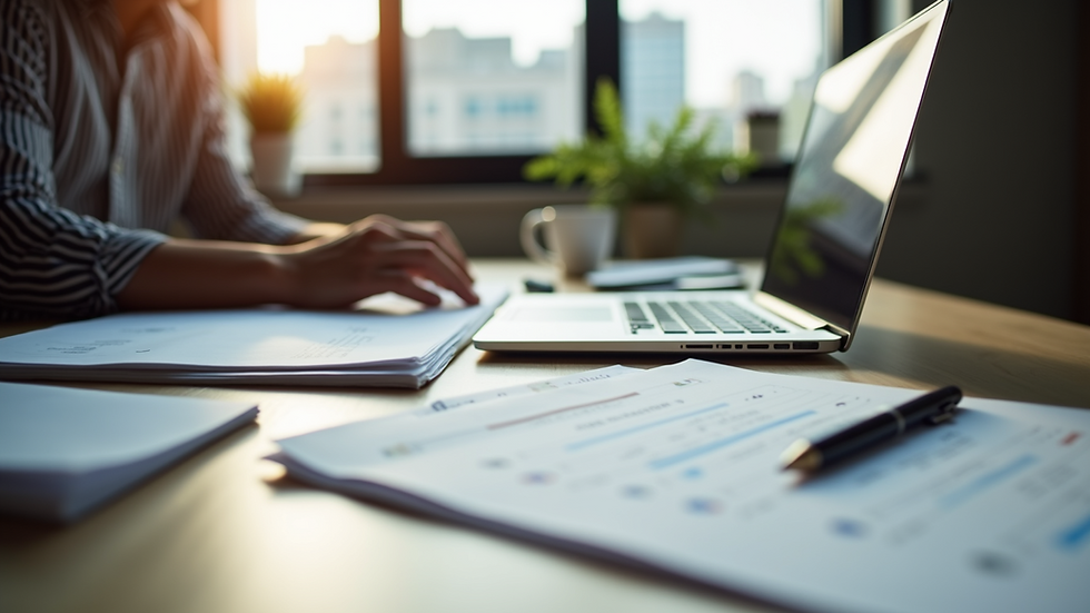 Eye-level view of a contractor's desk with organized paperwork and a laptop