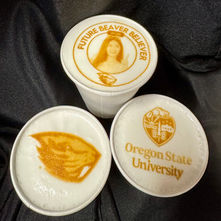 Latte art featuring Oregon State University Beaver's logo