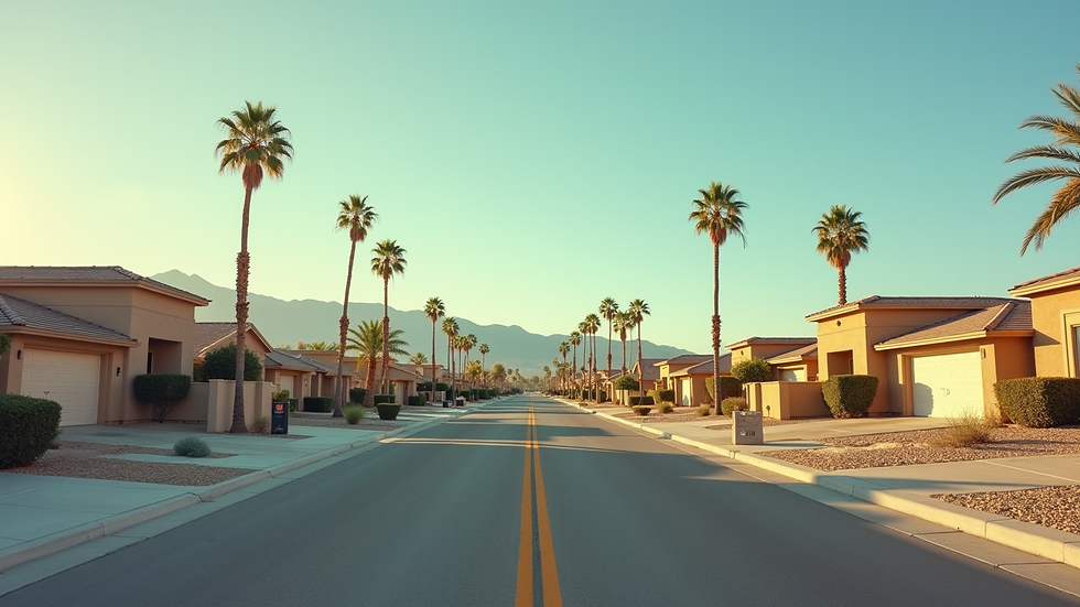 Wide angle view of a quiet residential street in Twentynine Palms with desert landscape