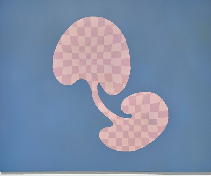 Abstract pink biomorphic form with checkered pattern on a flat blue background, resembling an inner ear or auditory organ.
