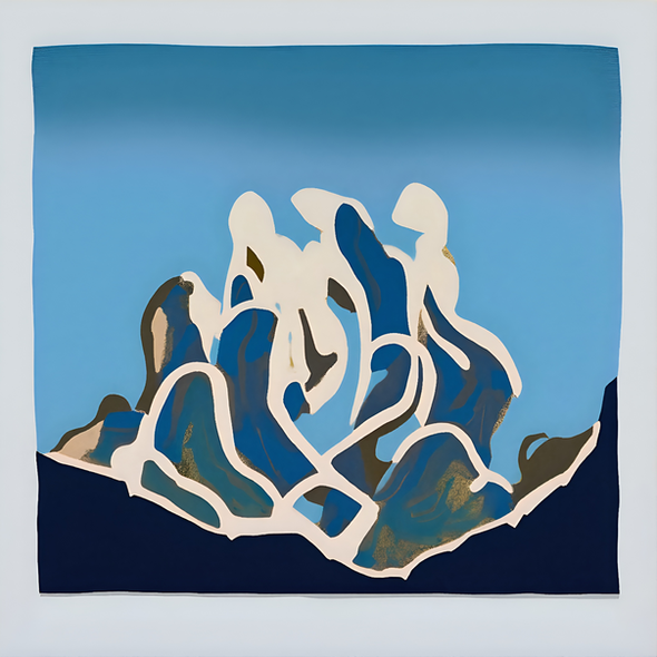 Minimalist mountain silhouette in blue and beige tones, with bold contour lines and a flat horizon.


