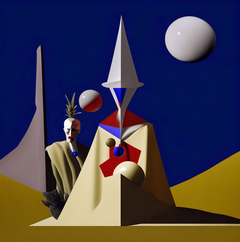 A visionary painting showing abstract magician-like figures in a geometric landscape under a glowing white orb. Shapes include cones, spheres, pyramids, and staffs, arranged with cosmic symmetry against a deep blue sky.