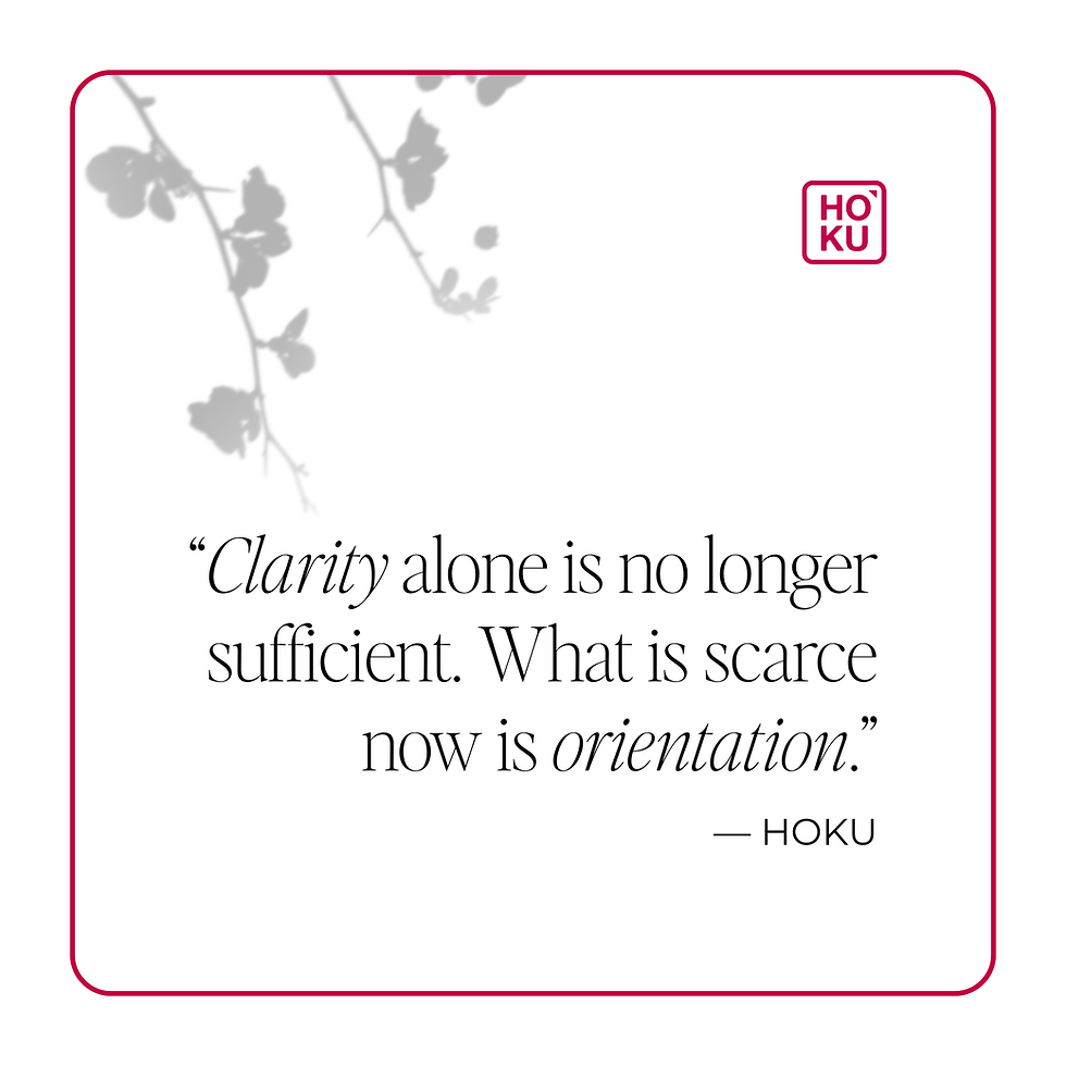Quote card that says "Clarity alone is no longer sufficient. What is scarce now is orientation." - HOKU