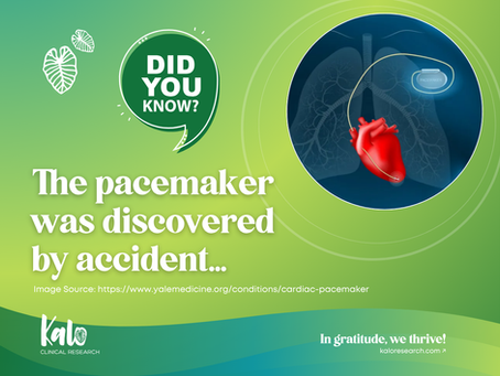 Graphic showing a heart with an implanted pacemaker connected by a lead, set against a lung illustration, with the text “Did you know? The pacemaker was discovered by accident.” and Kalo Clinical Research branding.