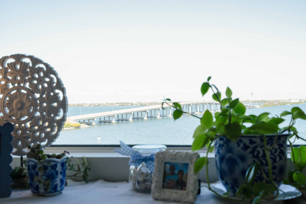 View of the Indian River Lagoon from a Victoria Landing apartment window, with plants and personal decor in the foreground