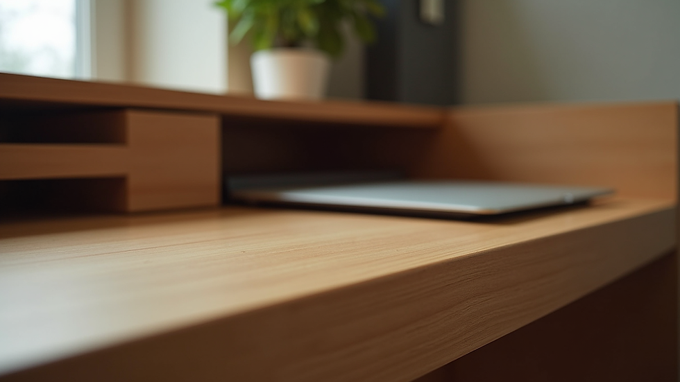 Close-up view of a custom-made wooden desk with built-in storage compartments