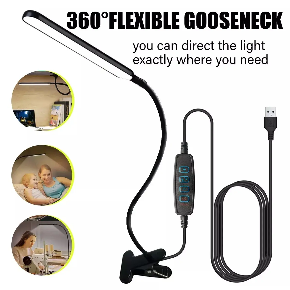 LED Clip on Desk Lamp Reading Light Gooseneck 10W Eye-Caring Light Clip-on Lamp