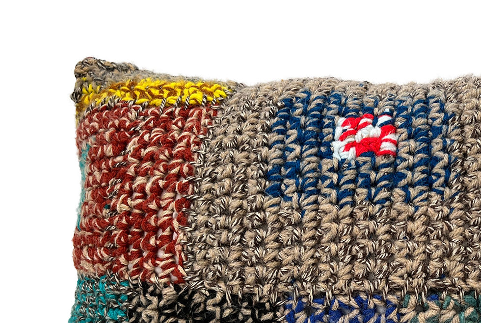 Thumbnail: Close-up detail of Flag for an Unnamed Boat pillow showing colorful crochet texture and stitching
