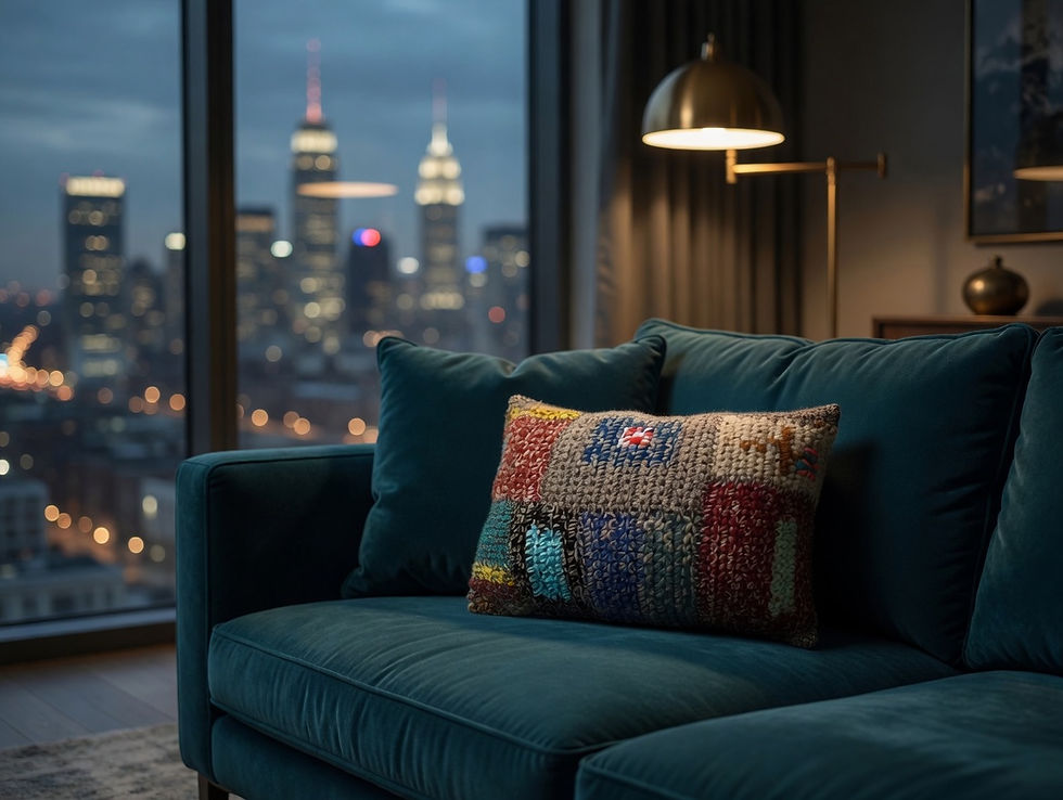 Thumbnail: Flag for an Unnamed Boat pillow displayed on a teal velvet sofa in a modern living room