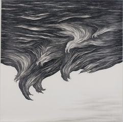 A large pencil drawing by Robyn O'Neil of a monstrous and terrifying upside down wave.