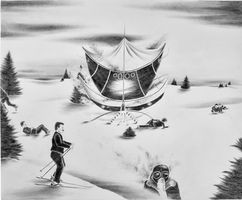 A wildly surrealist pencil drawing of a spaceship on a snowy landscape with men skiing, jumping and running for their lives.