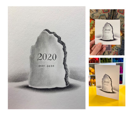 2020 limited-edition holiday card by Robyn O'Neil. A contemplative pencil drawing of a tombstone marked '2020 - 2020' on a stark white background, created as a darkly humorous farewell to the challenging year. Also produced as matching stickers.