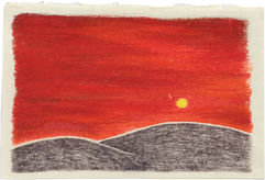 A bright and serene seascape with a small red sky and a yellow sun by artist Robyn O'Neil.