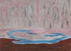 A pastel and brown oil pastel drawing by artist Robyn O'Neil of an abstracted landscape with a river meandering in a pink space. 
