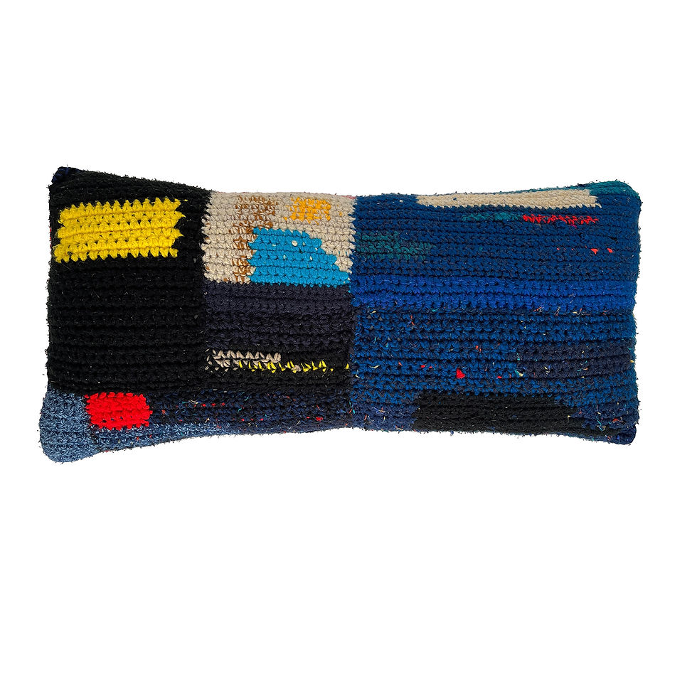 Vexillum Adorationis pillow by Robyn O'Neil — long hand-crocheted banner in deep blue with vibrant abstract marks