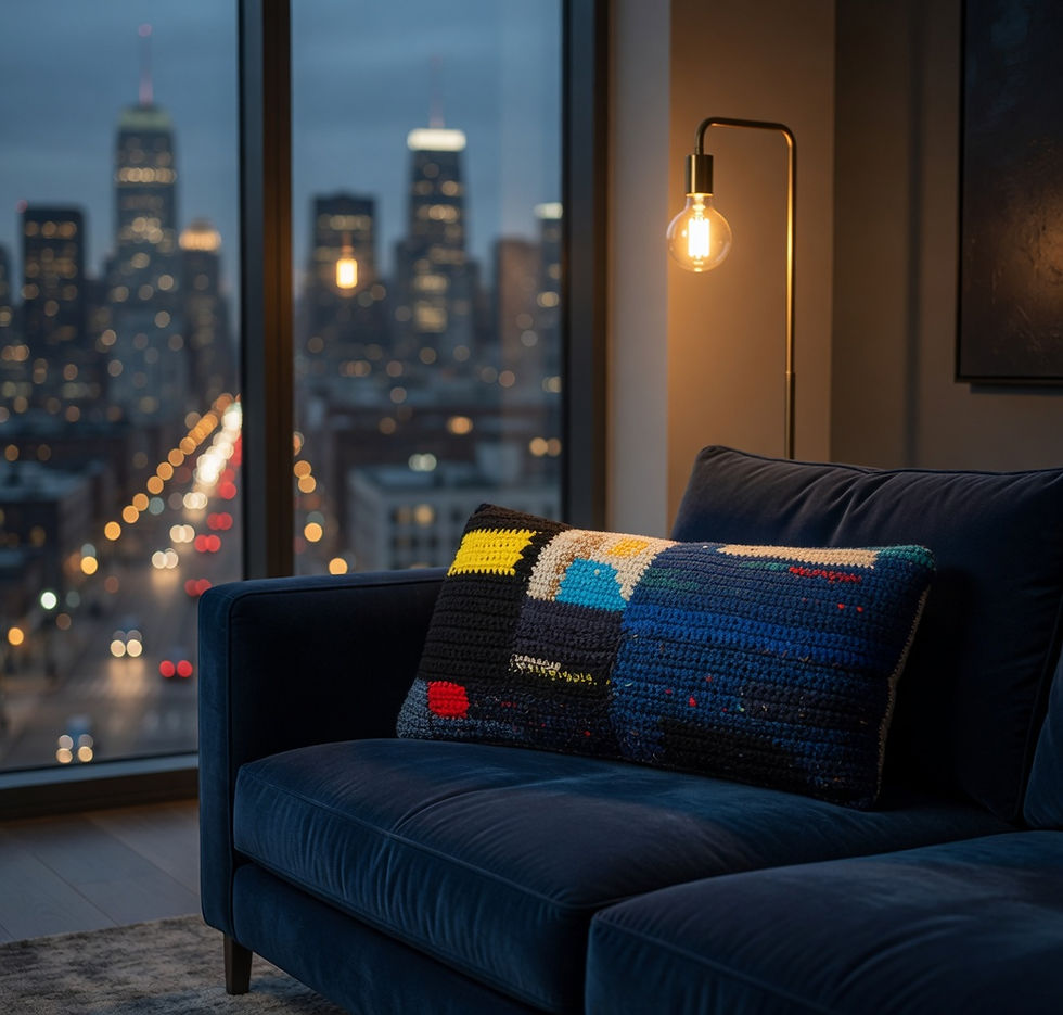 Thumbnail: Vexillum Adorationis pillow on a dark blue sofa with city night view