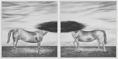 His and Her Disharmony, 2022. Large two-panel graphite drawing by Robyn O'Neil showing two horses in a vast field, their heads engulfed by dark, blurred shapes — a surreal exploration of separation and disharmony.