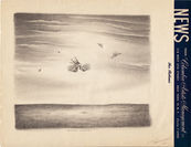 A surrealist scene in graphite by artist Robyn O'Neil of five predatory animals falling from the sky onto a grassy landscape. The animals include a dog, a buffalo, an eagle, a wolf, and a grizzly bear.