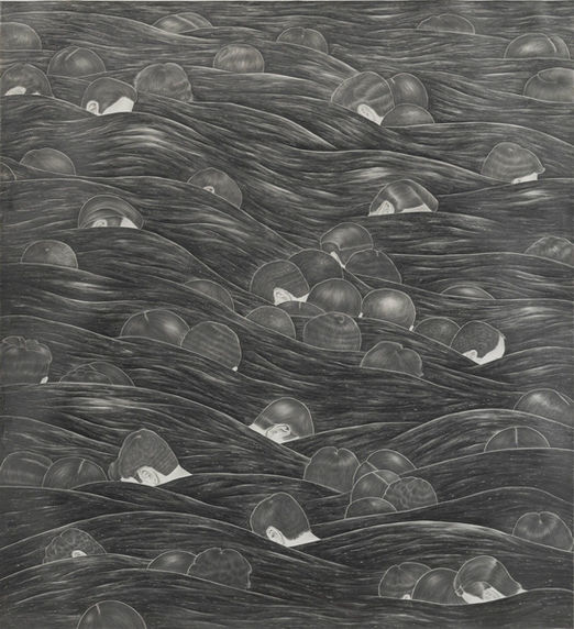 A large, dense black and white pencil drawing by Robyn O'Neil. This drawing is a pattern of men's heads bobbing up and down in ocean waves.