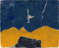 A rare colorful Robyn O'Neil drawing of a primitive mountain and sky-scape with one rudimentary bird falling downward from a stormy, lightning filled dark blue sky. This drawing is a dedication to Carroll Spinney, the actor and puppeteer  who played Big Bird in TV classic Sesame Street. 