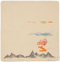 A simple watercolor and pencil drawing by Robyn O'Neil with several clouds from art history floating above a beautiful mountain landscape. 