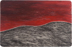 A simple, dramatic pencil and oil pastel drawing by Robyn O'Neil of a perfect rolling ocean wave and a vibrant red sky overhead. 