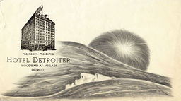 A pencil drawing on a vintage hotel envelope by artist Robyn O'Neil featuring two men drowning in a flood.