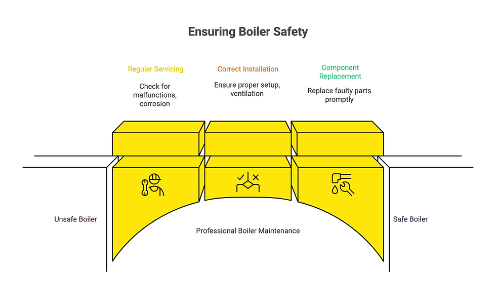 Diagram titled "Ensuring Boiler Safety," showing three yellow steps: Regular Servicing, Correct Installation, Component Replacement, leading to safety.