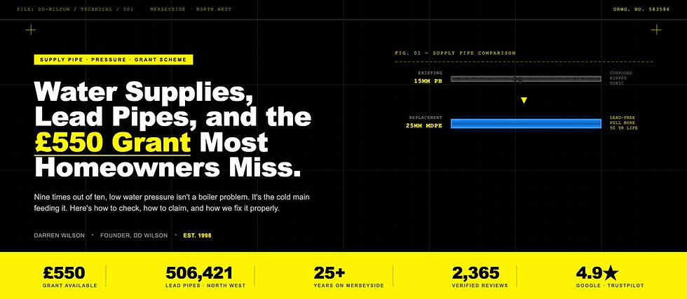 Text highlights a £550 grant for water supply and lead pipe replacement. Features a comparison of pipe materials and benefits on a black grid.