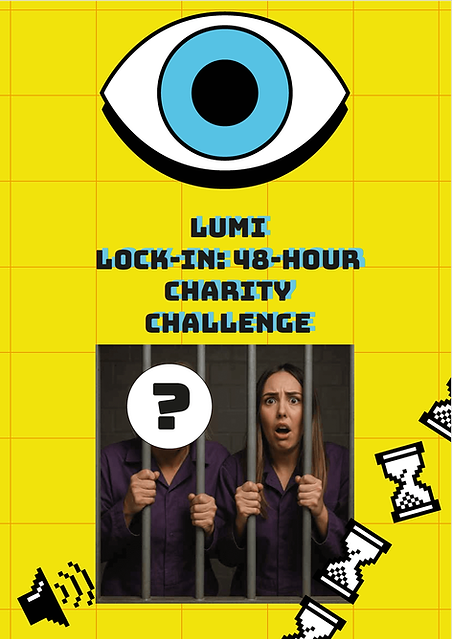 Woman behind bars in prison with yellow background and 1980 style icons