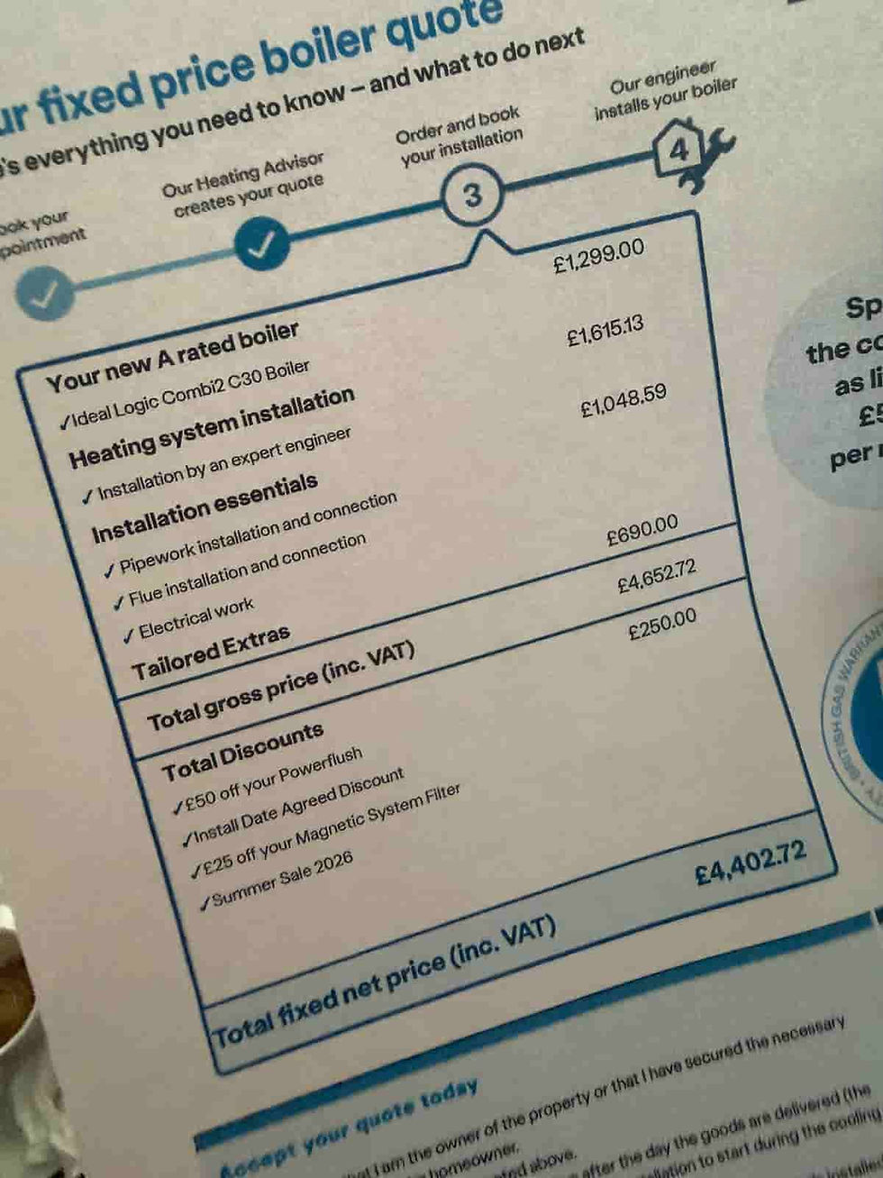 Boiler quote sheet with blue headings, installation breakdown and prices, showing total fixed net price £4,402.72.