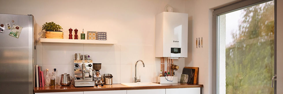 Modern kitchen with espresso machine, kettle, and bottles on a wooden countertop. Boiler and window with greenery outside. Bright and tidy.