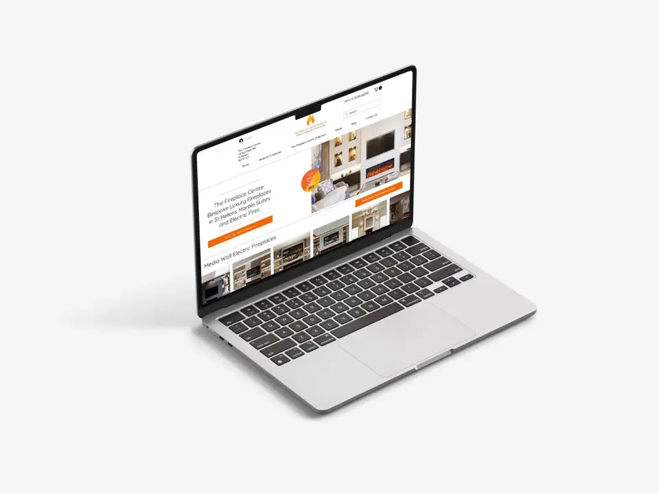 Laptop displaying The Fireplace Centre desktop website e-commerce website built by Constellation Marketing Solutions 