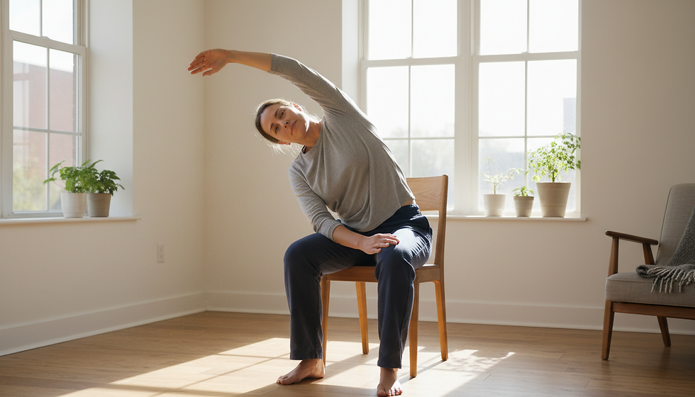 Close-up view of bare feet standing on a yoga mat beside a chair.