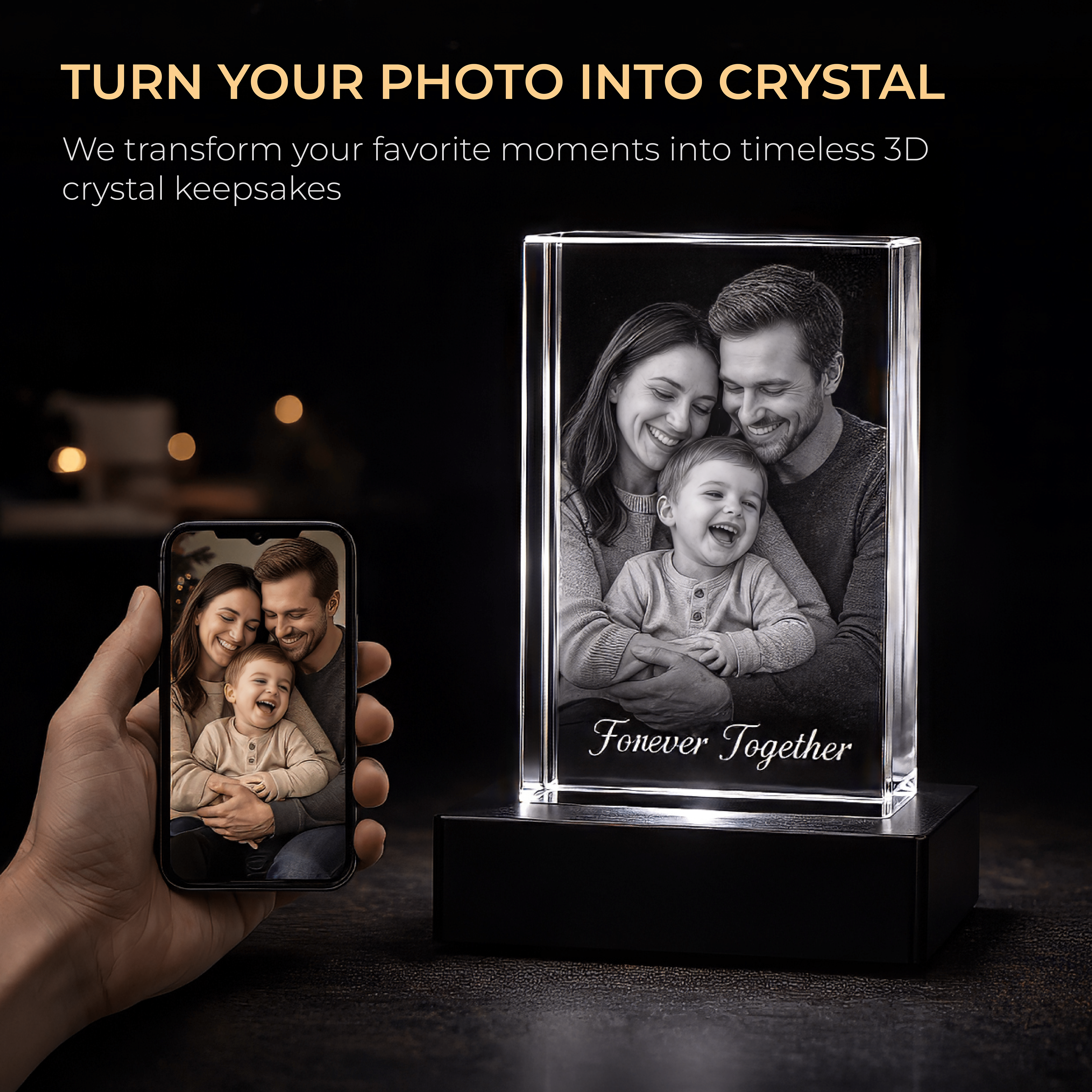 photo to 3D crystal transformation personalized engraved crystal with LED base