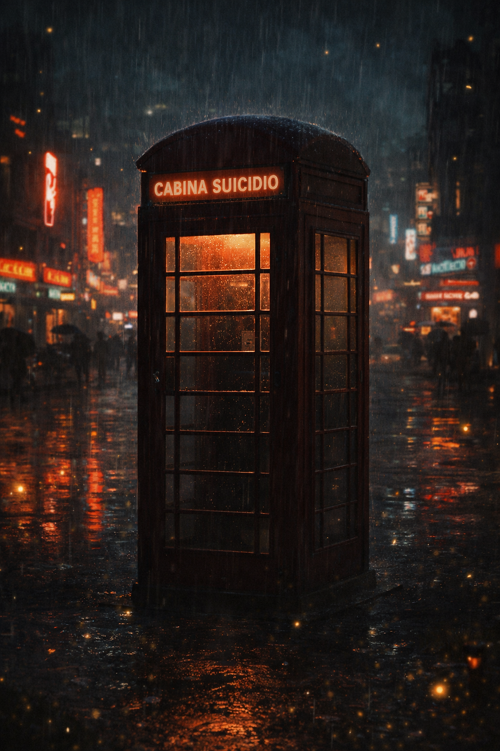 Cabina telefonica inglese rossa, completamente chiusa, sotto la pioggia notturna, isolata in una città urbana con luci al neon e riflessi sull’asfalto, atmosfera cupa e distopica anni Cinquanta.