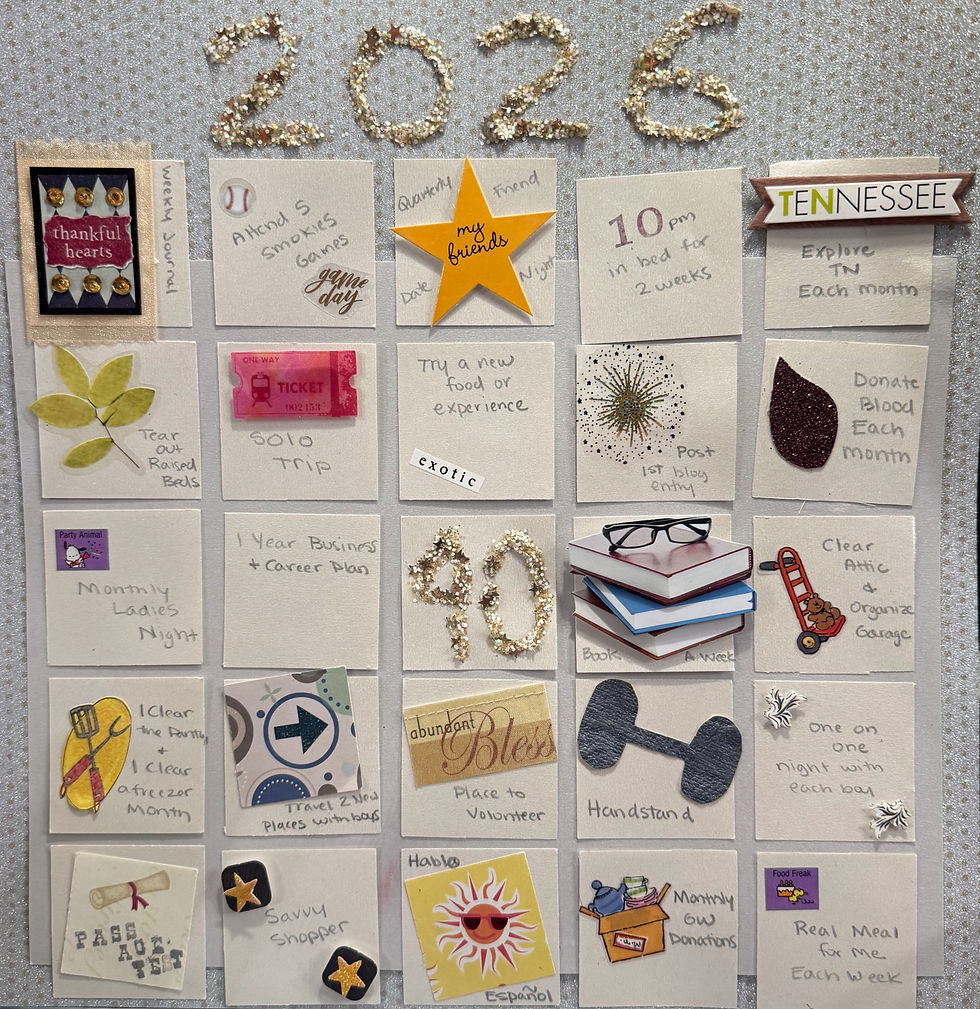 Making Cents From Chaos Bingo Card featuring Sam's 2026 goals like Azores trip and website launch